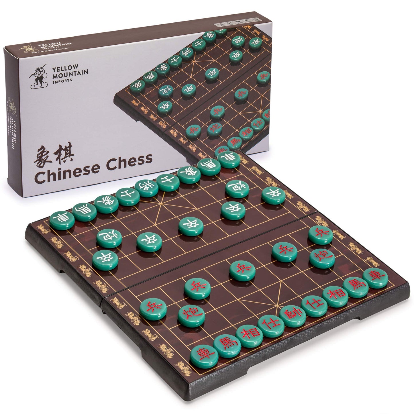 Yellow Mountain Imports Xiangqi Magnetic Travel Chess Set - 12.8" Brown Board with Jade-Colored Pieces, Model XX-CC001-A