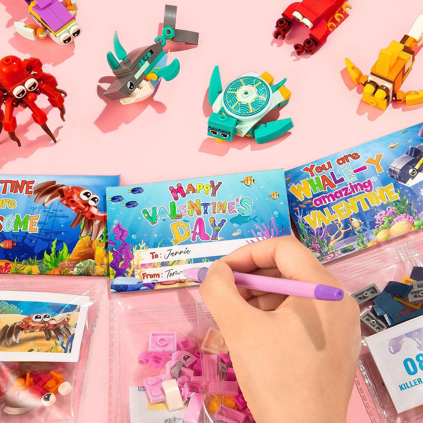 Asoulin Valentines Day Gifts For Kids, 24 Pack Sea Animal Building Block Set With Valentines Day Cards For Kids Classroom School