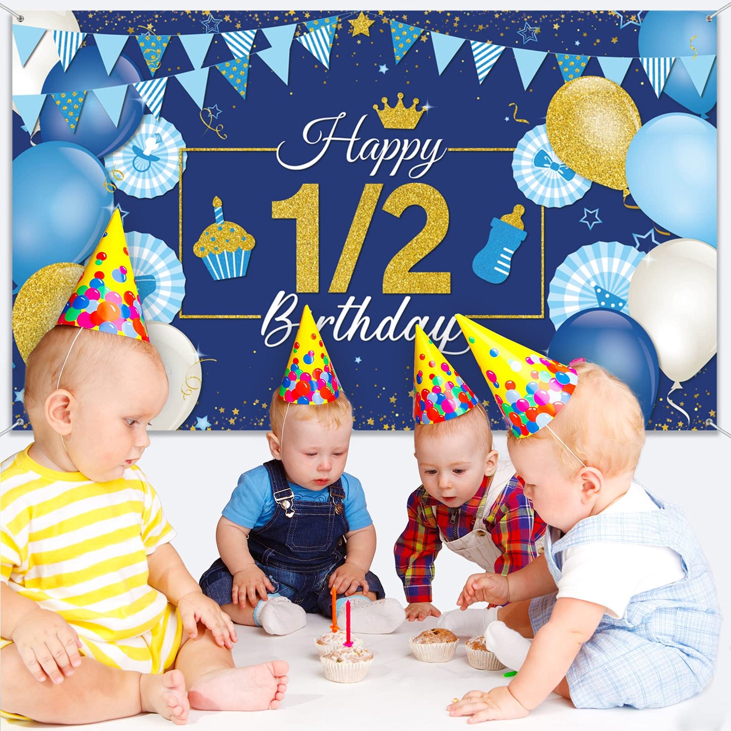 1/2 Birthday Decoration Backdrop Blue and Gold Half Birthday Banner 6 Months Happy Birthday Background Half Birthday Party Suppl