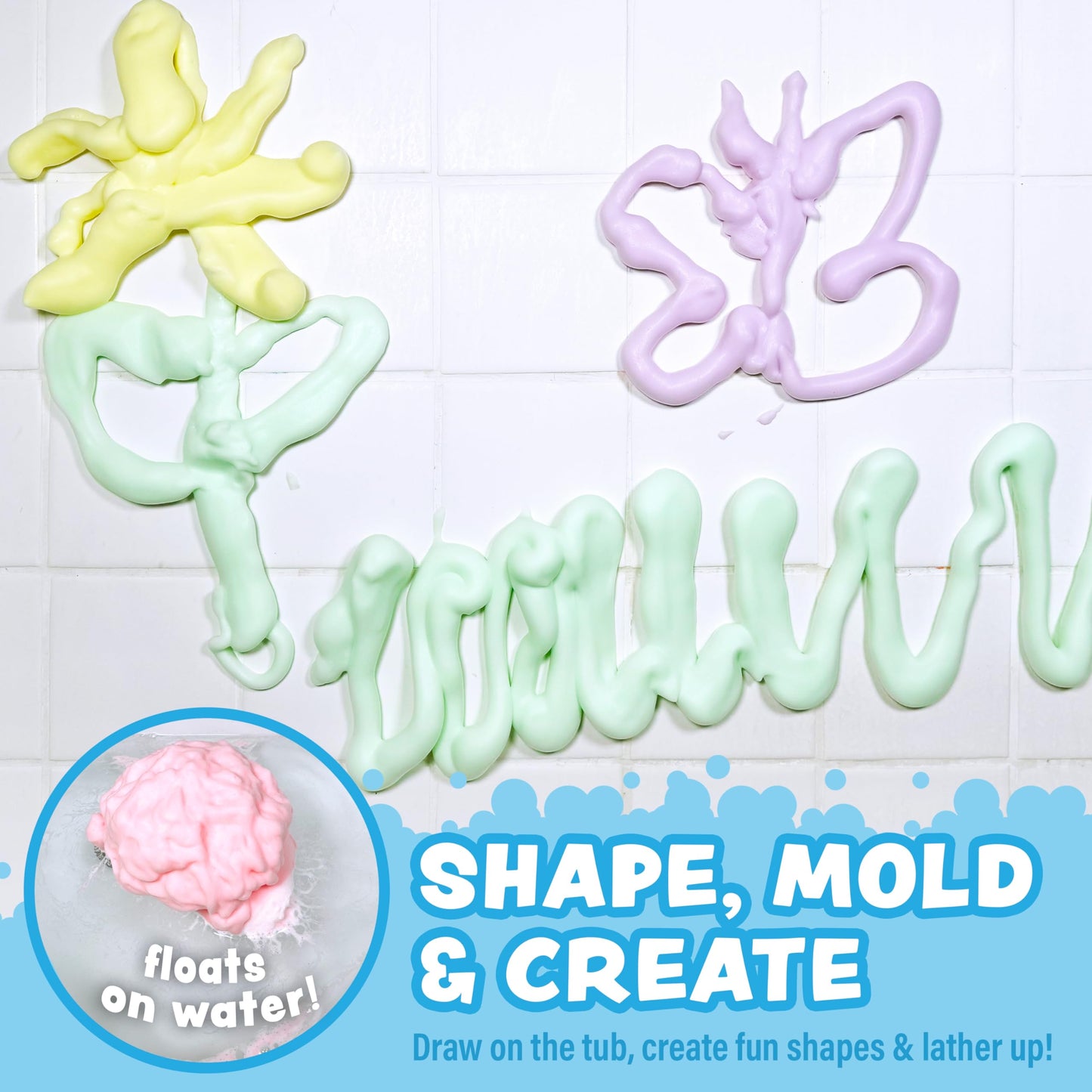 Tub Works Fluffy Foam Soap, Variety 6 Pack | Shape, Mold & Create Bath Art With Soft Bath Foam For Kids | Gentle, Cleansing Kids