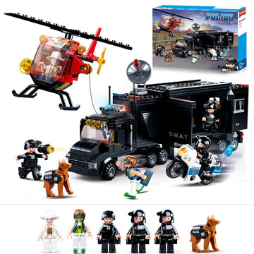 Sluban City Police Chase Building Set, Swat Mobile Command Police Truck, Helicopter & Motorcycle, 540 Pcs, Compatible With Lego,