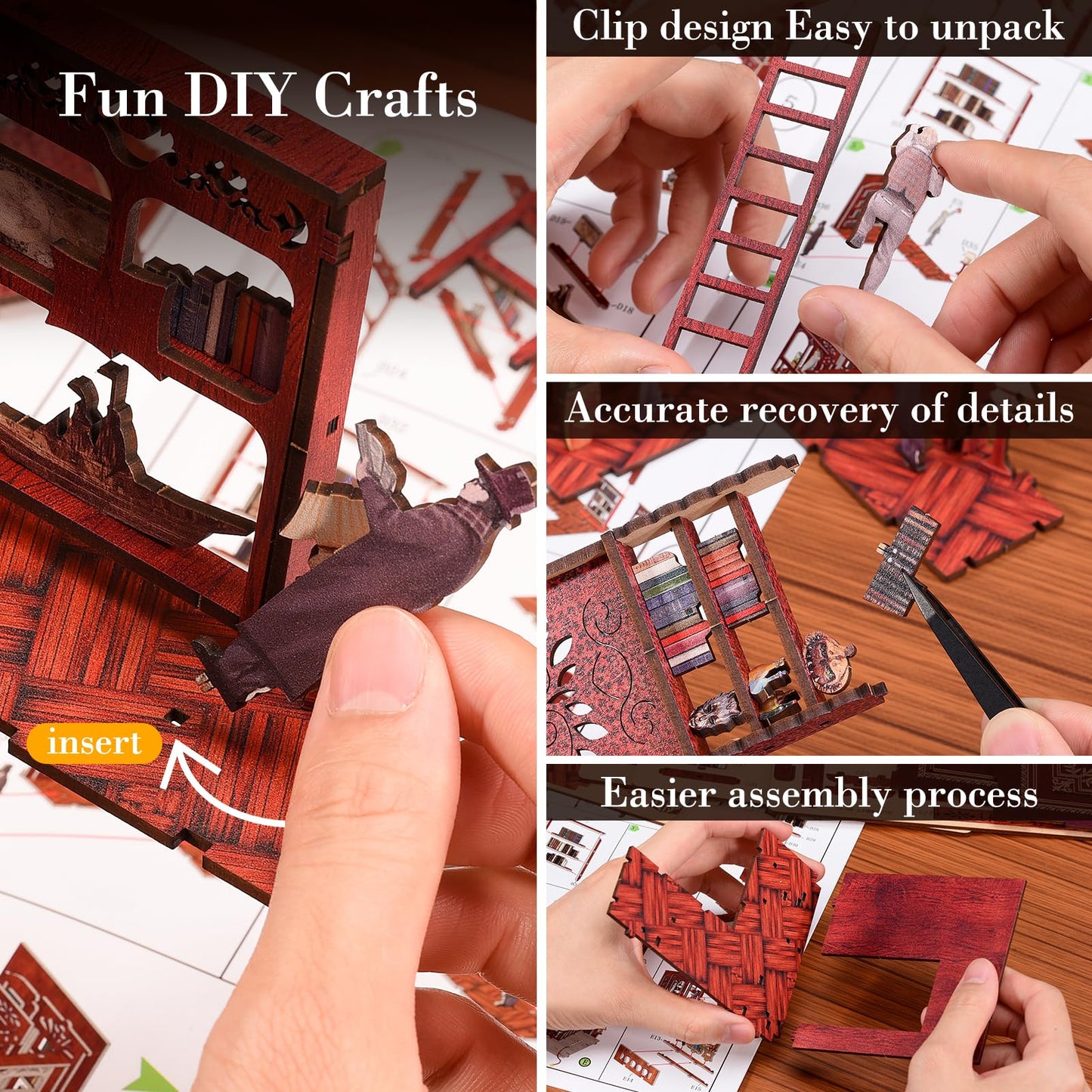 Diy Book Nook Kit With Led Light - 3D Wooden Puzzle Miniature House Dollhouse Kit For Bookshelf Insert Decoration, Perfect Booke