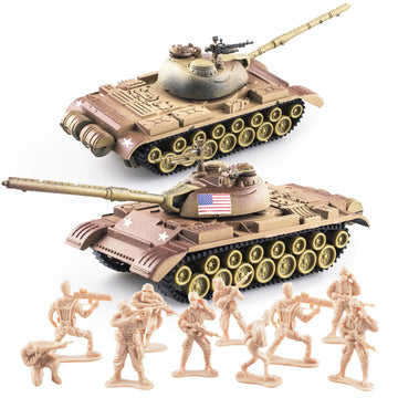 Maozyhomie 1:72 Ww2 Army Tank And Army Men Toys Playset, 2Pc Us Desert Tan Tank-2 Models With 10Pc Toy Soldiers, Rotating Turret