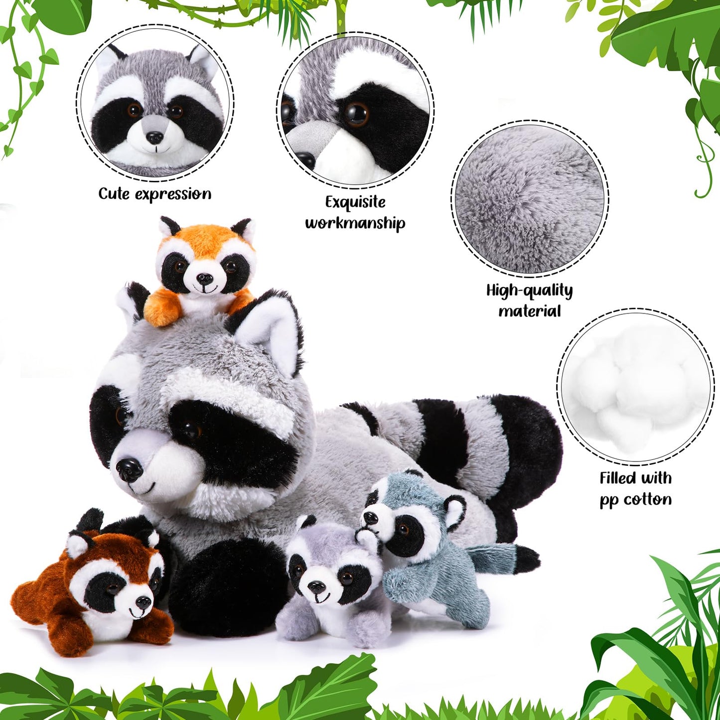 Harrycle 5 Pcs Raccoon Stuffed Animal Set Adorable Mommy Raccoon Plush With 4 Cute Baby Coons In Tummy Soft Cuddly Raccoon Plush
