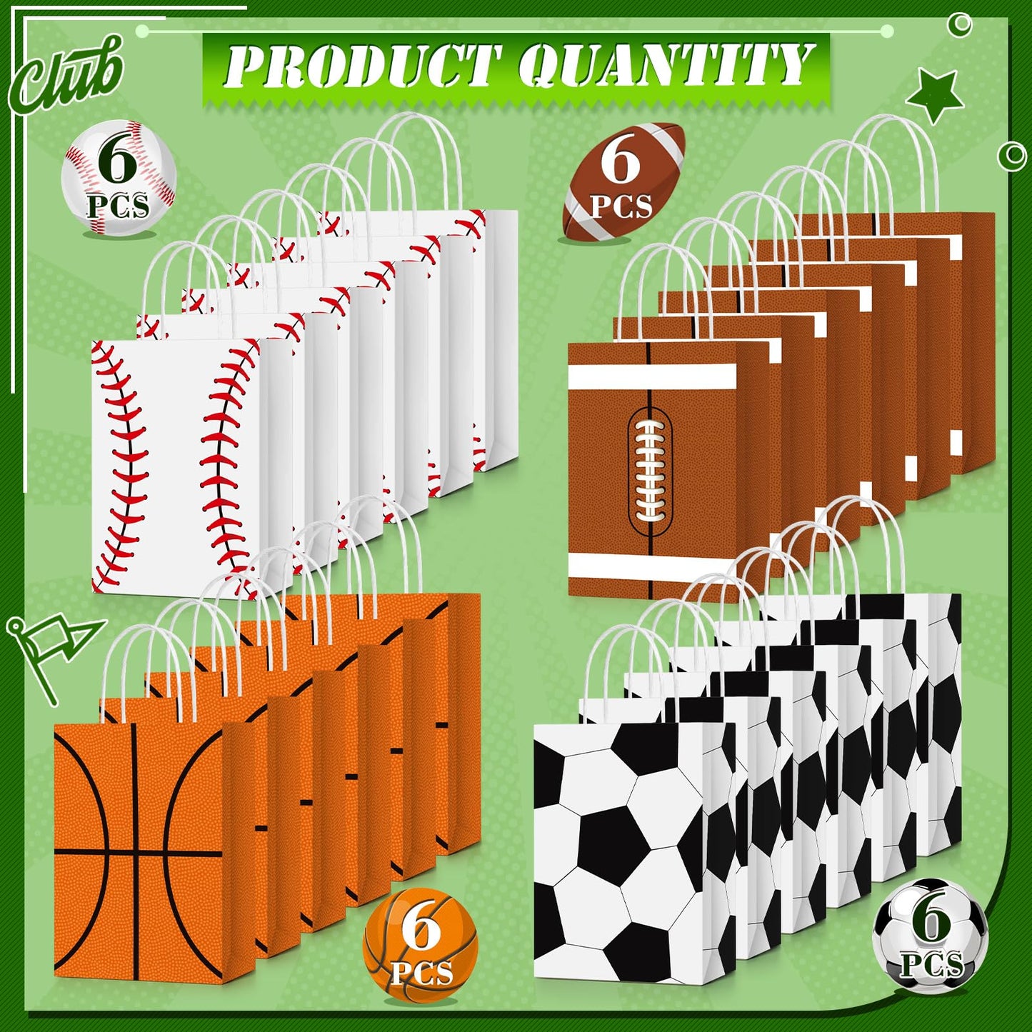 24 Pieces Sports Party Favor Bags Football Party Goodie Bag Sport Party Gift Bags with Handles for Soccer Baseball Basketball Fo