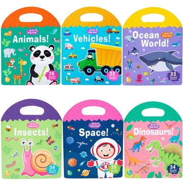 6 Sets Portable Jelly Quiet Busy Sticker Book, Vehicle & Animal & Ocean & Dinosaur & Insect & Space Reusable Sticker Books For Kids, Toddler Sticker Activity Book Preschool Learning Activities