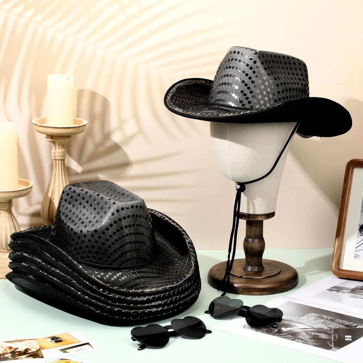 Zhanmai 24 Set LED Cowboy Hat Light Up Glitter Cowboy Hat with Sunglasses Sequin Space Cowgirl Sunglasses for Women Men Costume