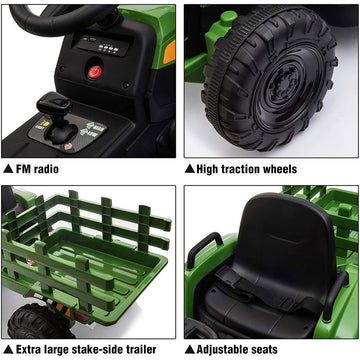 Tobbi Kids Electric Ride On Toy Tractor, 12V Battery-Powered 4 Wheels Ride On Car With Trailer, 35W Dual Motors/3-Gear-Shift/Led Lights/Usb Audio Functions For Toddlers 3-6 Years-Dark Green