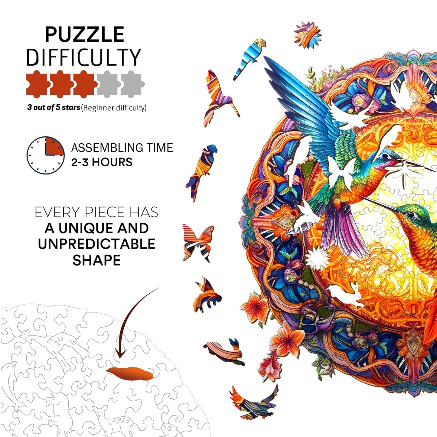 Jigfoxy Wooden Puzzles For Adults, Hummingbird Wooden Jigsaw Puzzles, Unique Animal Shape Puzzles, Christmas Thanksgiving Gifts For Family Friend(S-7.9 * 7.9In-100Psc)