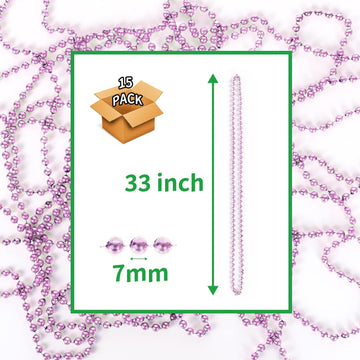 YAXINRUI 33 Inch 7 mm Metallic Pink Bead Necklaces, 15pcs Mardi Gras Beads Bulk Round Beaded Necklaces Costume Necklace for Mard