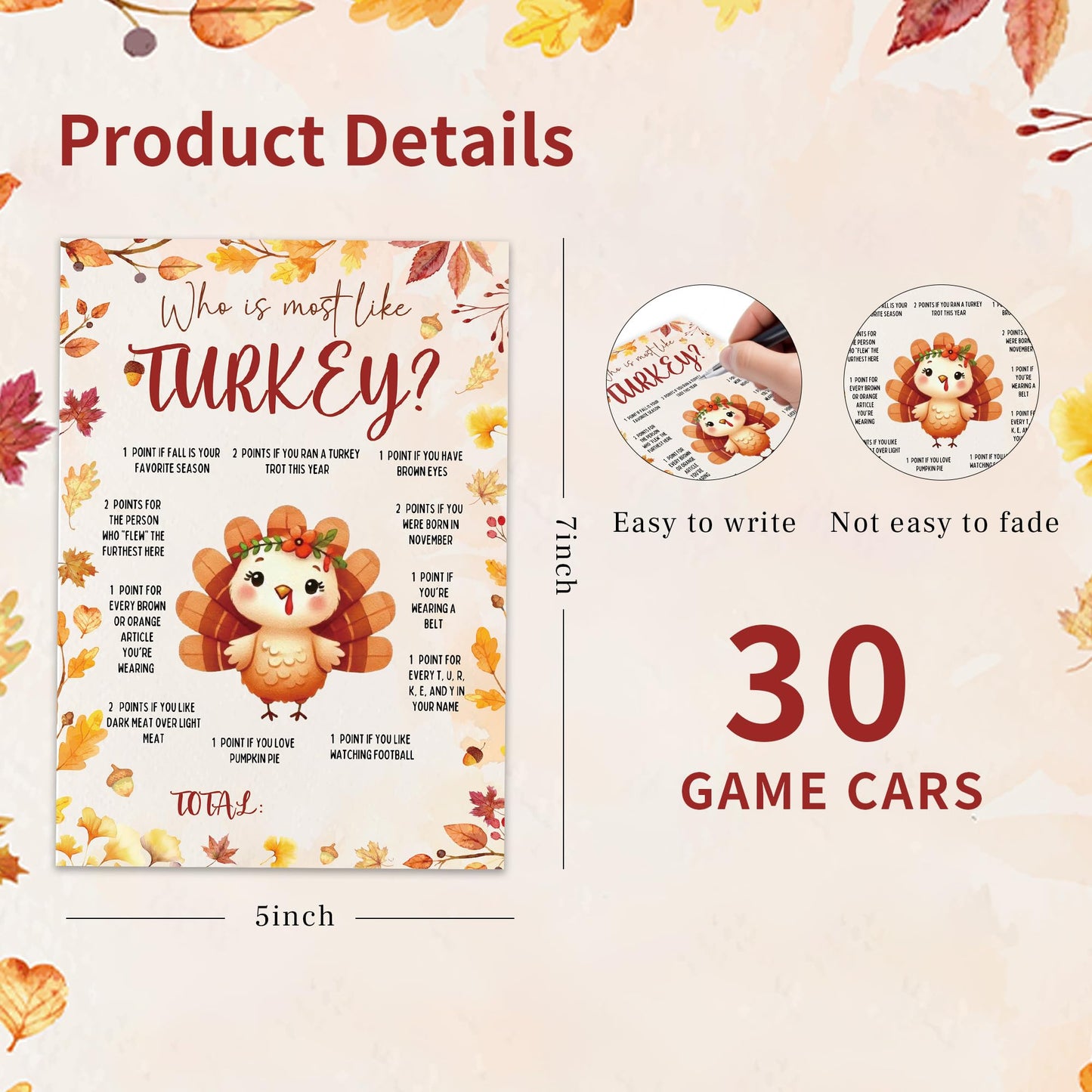 Bltgh Thanksgiving Who is Most Like Turkey Game Fun Fall Party Activity for Family Friends and Teens Autumn Holiday Gathering Challenge 5x7 Inch Cards