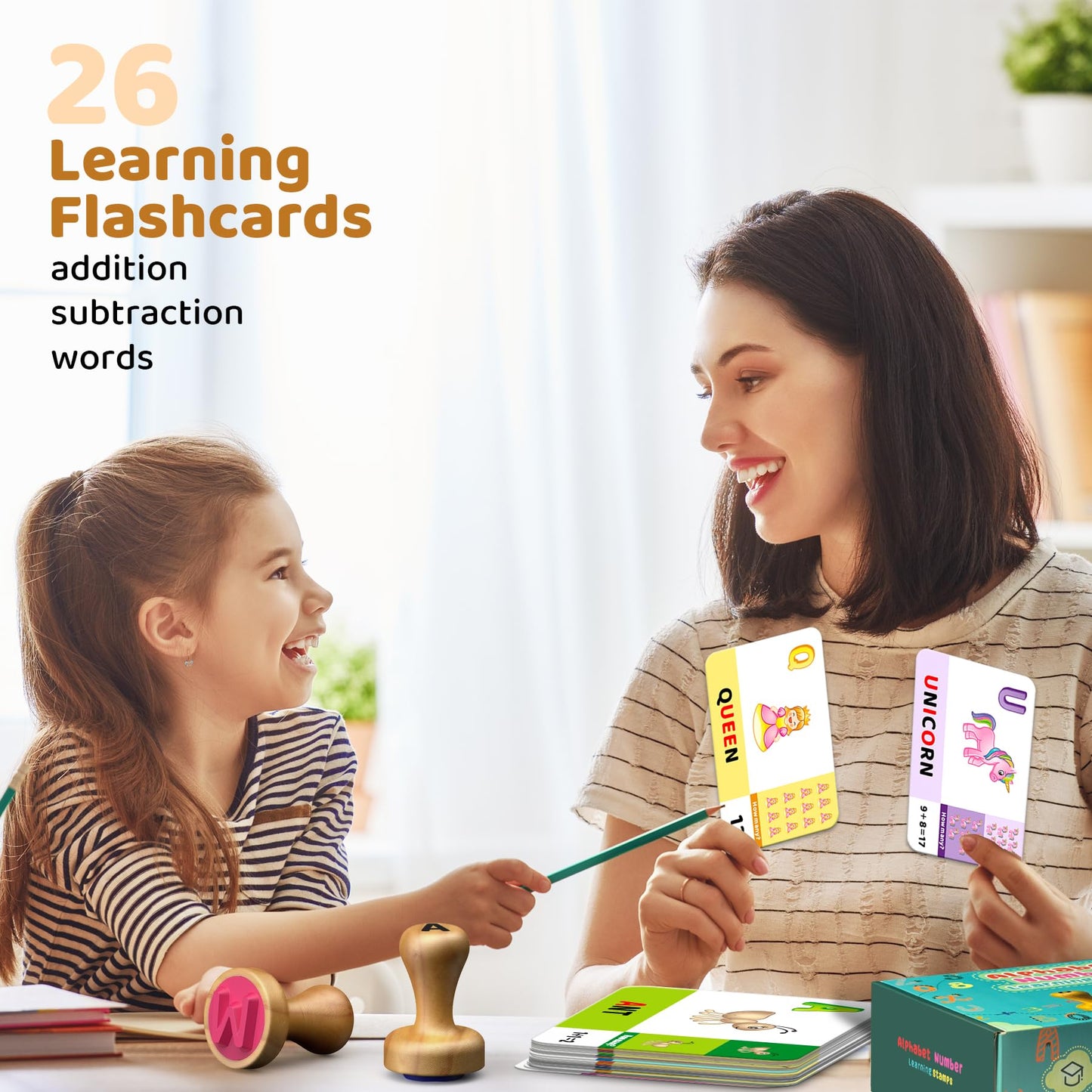 UdoUto Wooden Alphabet & Number Stampers Set with 7-Color Ink Pad | ABCs 123s Learning Stamps & Flashcards | Preschool Homeschoo