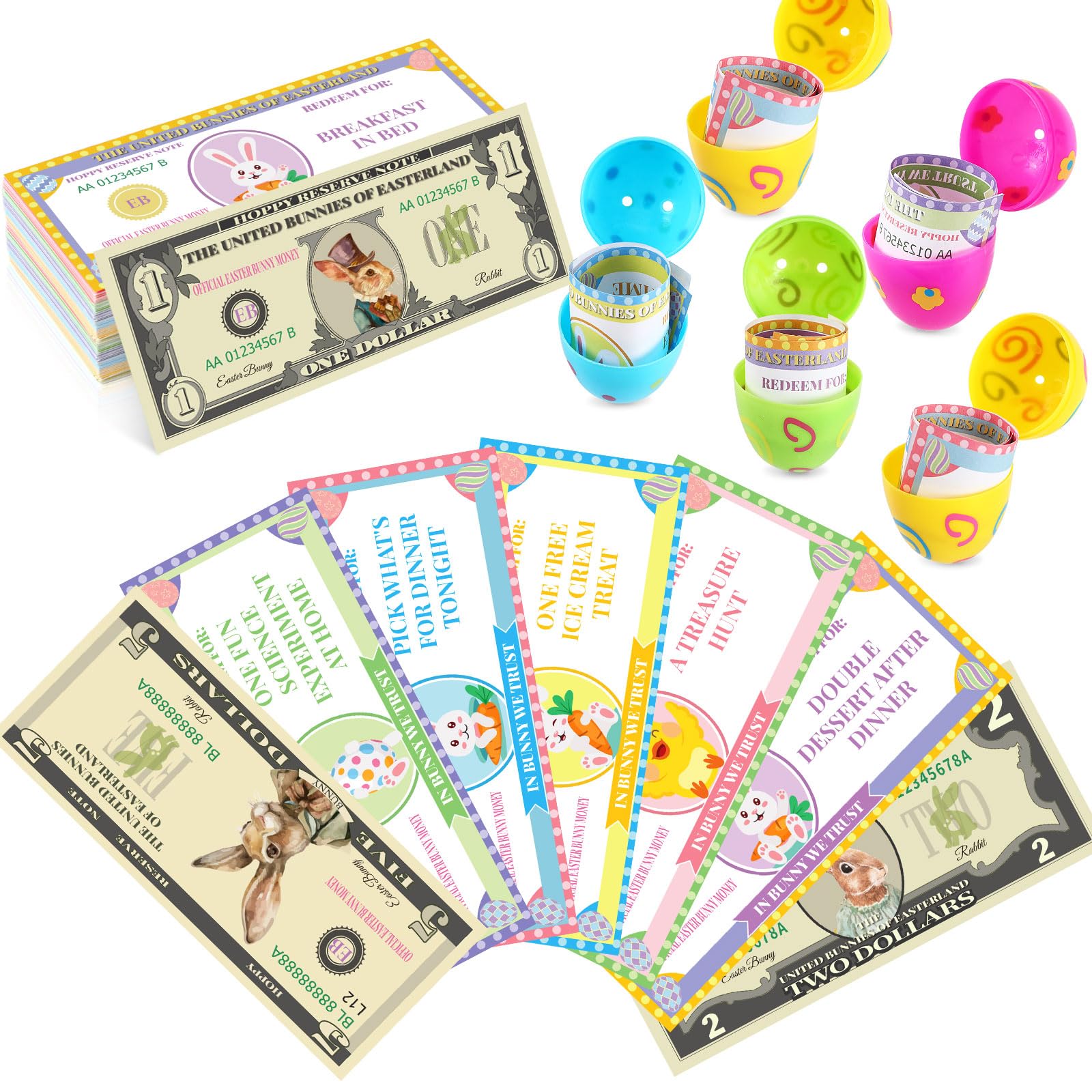Juleasel 100 Pcs Easter Egg Fillers-Bunny Money Coupons, Paper Easter Egg Tokens Basket Stuffers, 60 Redeemable Coupons+30 Blank