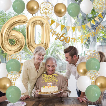 60Th Birthday Decorations For Men Women, Sage Green White Gold Birthday Balloons With Happy 60Th Birthday Banner Birthday Cake T