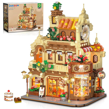 Insoon City Bakery Cafe House Building Set With Light, 1289 Pcs Baking Shop Building Block Toy With Coffee Cake Bread Bakery Roo