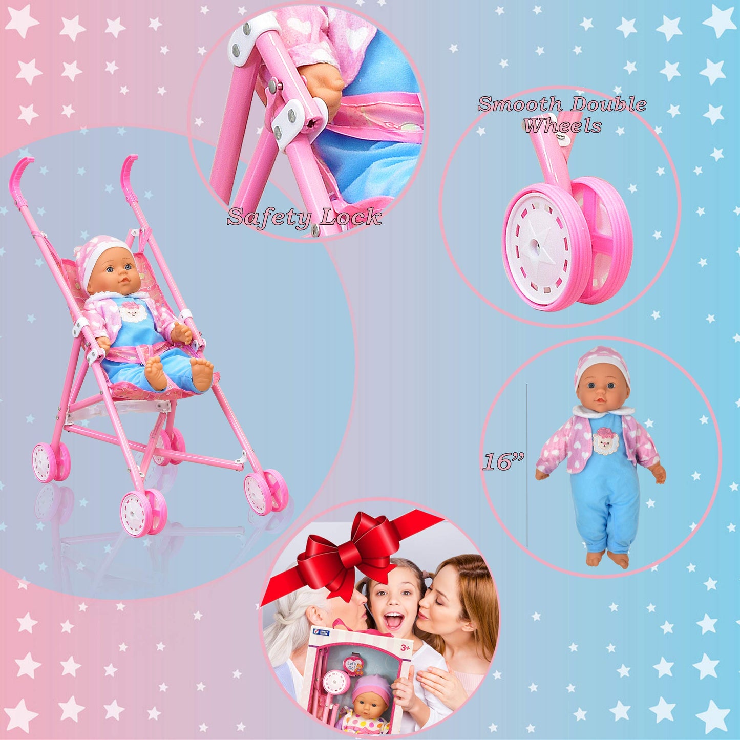 Dolls To Play My First Baby Doll Stroller Set, 16" Soft Body Baby Doll, Soft Pink, Ideal for Infants and Toddlers