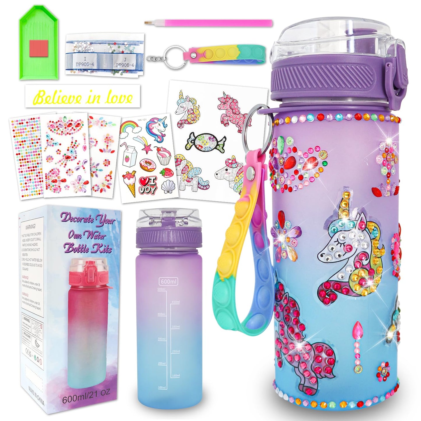 Gifts for Girls 4-12, Decorate Your Own Water Bottle Kits for Girls, Unicorn Diamond Crafts Painting Toys, Kids Water Bottle for