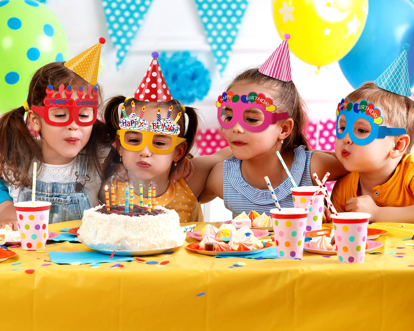 TaoBary 21 Pcs Kids Birthday Party Hats Set 10 Happy Birthday Glasses Paper Party Eyeglasses Frames Paper Party Hats Cone with P