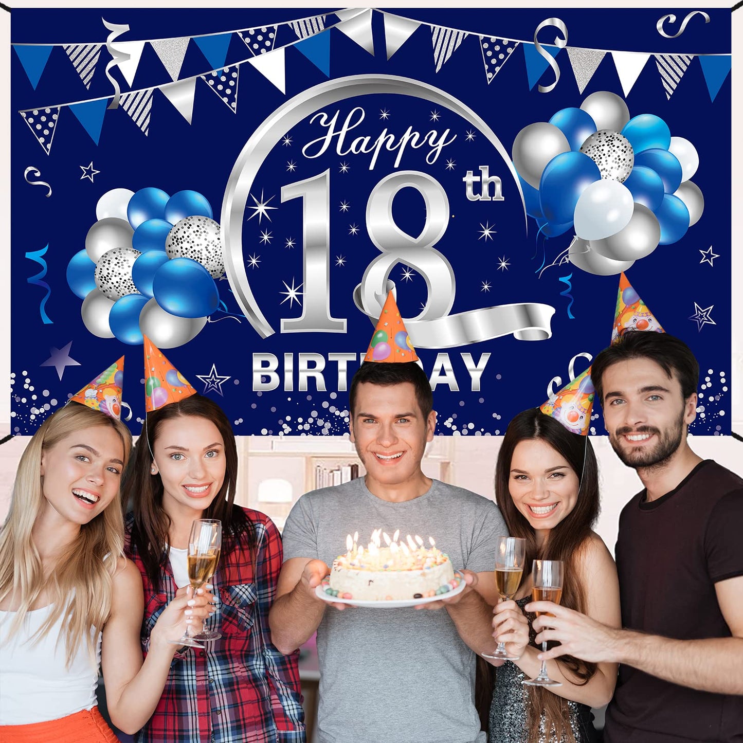 Blue Silver 18Th Birthday Banner Decorations For Men Boy - Happy 18 Birthday Backdrop Party Supplies - Eighteen Birthday Poster