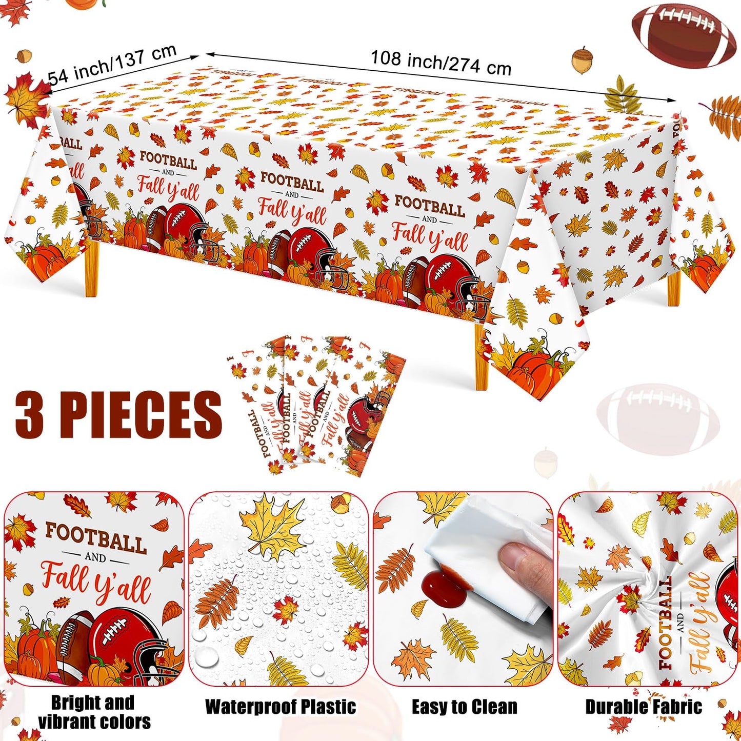Oudain 3 Pcs Fall Plastic Football Tablecloth 108 x 54 Inch Autumn Tablecloth Thanksgiving Table Cover for Fall Football Themed