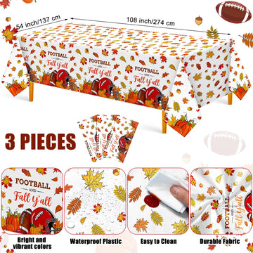 Oudain 3 Pcs Fall Plastic Football Tablecloth 108 x 54 Inch Autumn Tablecloth Thanksgiving Table Cover for Fall Football Themed