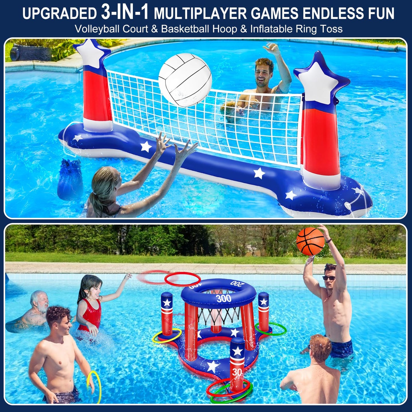 Pool Volleyball Net & Basketball Hoop & Ring Toss, 3-In-1 Large Inflatable Pool Games Set With 2 Balls 6 Rings American Flag Flo