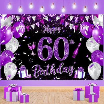 Purple 60Th Birthday Decoration Banner For Women Large Black Purple Silver Happy 60Th Birthday Banner Purple And Black 60Th Backdrop Background For 60Th Birthday Anniversary Party Supplies
