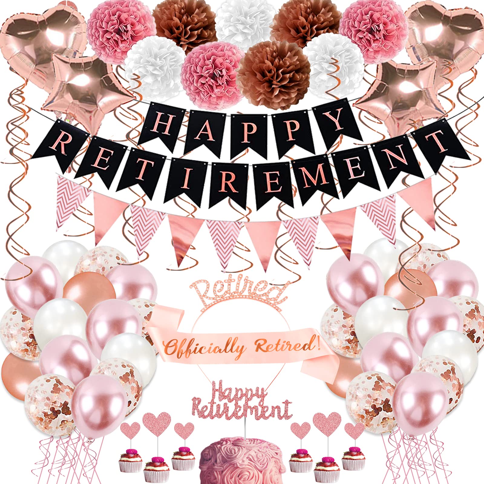 Rose Gold Retirement Party Decorations, 63 Pcs Retirement Party Decorations For Women Happy Retirement Banner Hanging Swirls Foi