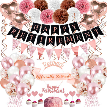 Rose Gold Retirement Party Decorations, 63 Pcs Retirement Party Decorations For Women Happy Retirement Banner Hanging Swirls Foi