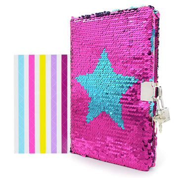 Vipbuy Magic Reversible Sequin Notebook Diary Lined Travel Journal With Lock And Key For Kids Girls, Size A5 (8.5” X 5.5”), 78 Sheets (Star)