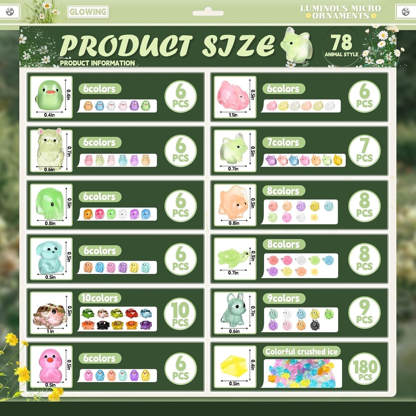 IWOLOMI 262 Pcs Luminous Mini Resin Animals Mini Ducks Frogs Dogs Chickens Piglet Lizard Alpaca Elephant Dinosaur Turtle Fairy G