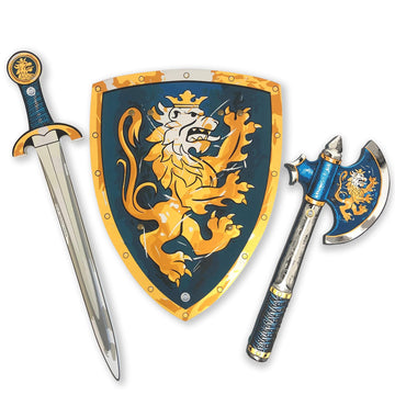 Liontouch - Noble Knight Toy decorative replica blade  Shield & Axe  Blue | Medieval Pretend Play Set in Foam for Children with Golden Lion Theme | Safe  & Combat Accessories for Dress Up & Costumes for Boys
