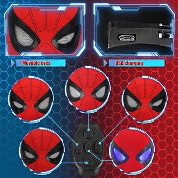 AUGMAXI Electric Spider Superhero Role-Playing Mask Toy with Moving Eyes and LED Lights - Remote Control Ring, Fun Gift for Men