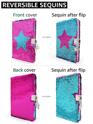 Vipbuy Magic Reversible Sequin Notebook Diary Lined Travel Journal With Lock And Key For Kids Girls, Size A5 (8.5” X 5.5”), 78 Sheets (Star)