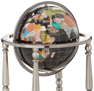 Unique Art 36-Inch By 13-Inch Floor Standing Black Onyx Ocean Gemstone World Globe With Silver 4-Leg Stand