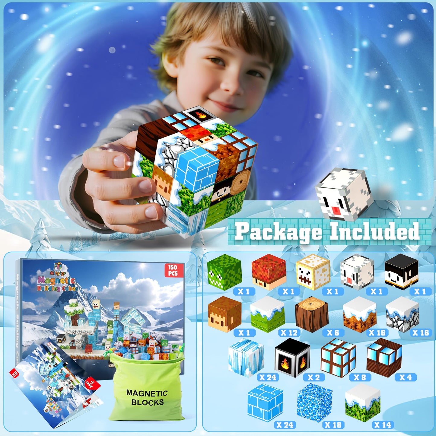150PCS Magnetic Blocks-Magnetic Building Blocks Magnet Toys Set Stacking Snow Mountain World with Magnet Construction Toys STEM Sensory Gift for Kids Toddlers Boys & Girls Birthday Gifts Ages 3+