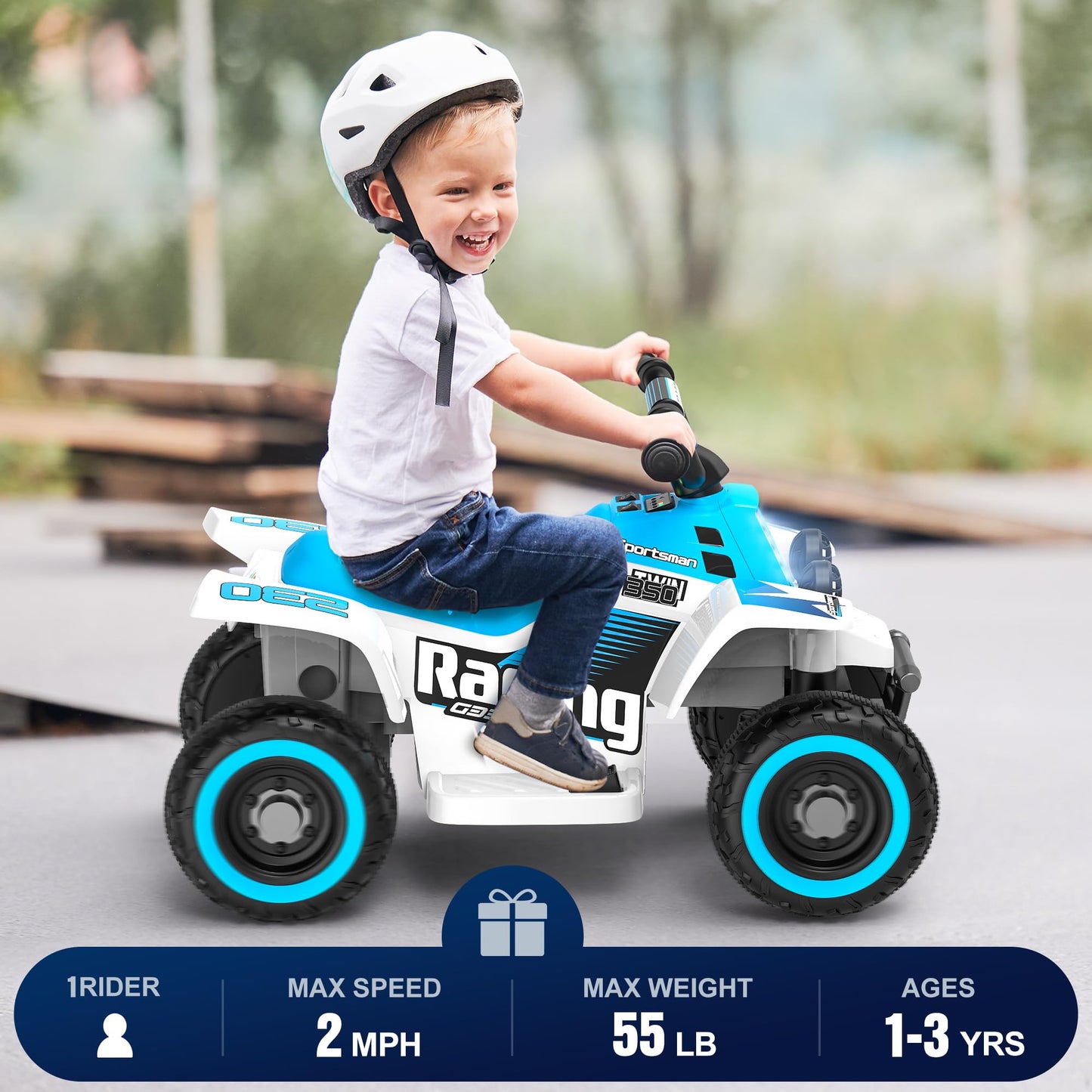 Anpabo 6V 7Ah Kids Atv Ride On Toy, 4 Wheeler For Toddler W/Headlight, Forward & Reverse, Horn, Music Player, Usb, Mp3, Treaded Tires, Ideal Gift For Toddlers(Blue-White)