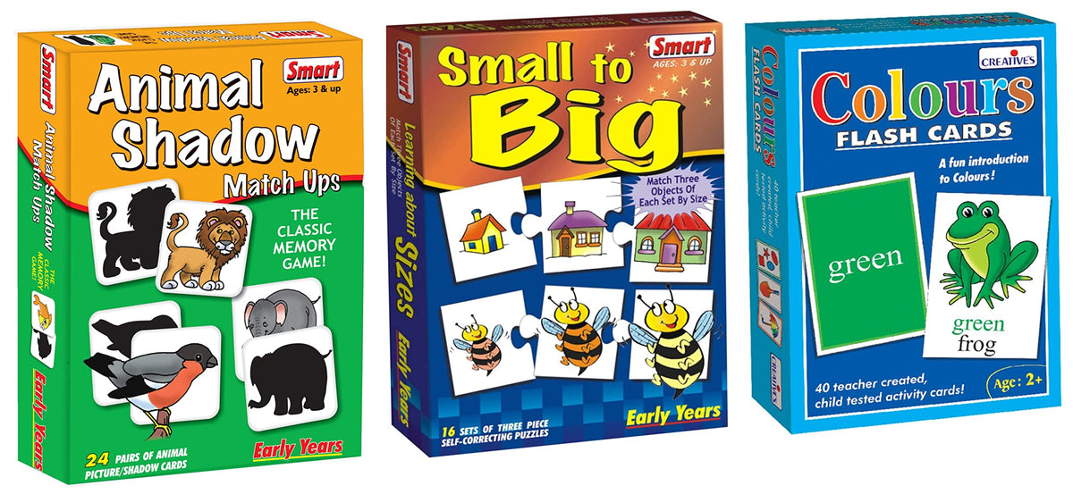 Smart  1012 Small To Big Puzzle (MultiColor, 48 Pcs) & CreativeS Colours Flash Cards (MultiColor, 40 Pcs) & Smart Animal Sha