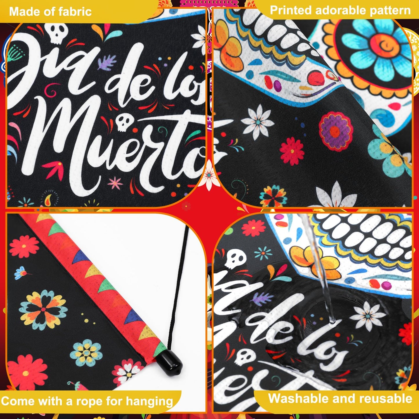 Tegeme 3 Pcs Day of The Dead Door Sign Flag Dia De Los Muertos Front Door Decoration Halloween Hanging Decor Banner Wall Flag Or