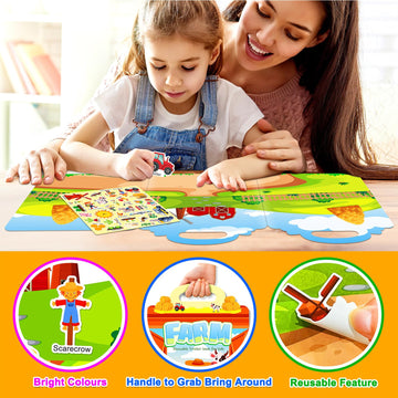 Reusable Sticker Books For Toddlers 2-4 Years, Sticker Books For Kids 1-3, Birthday Gifts For Kids Toddler Boys Girls Travel Toys (Farm)