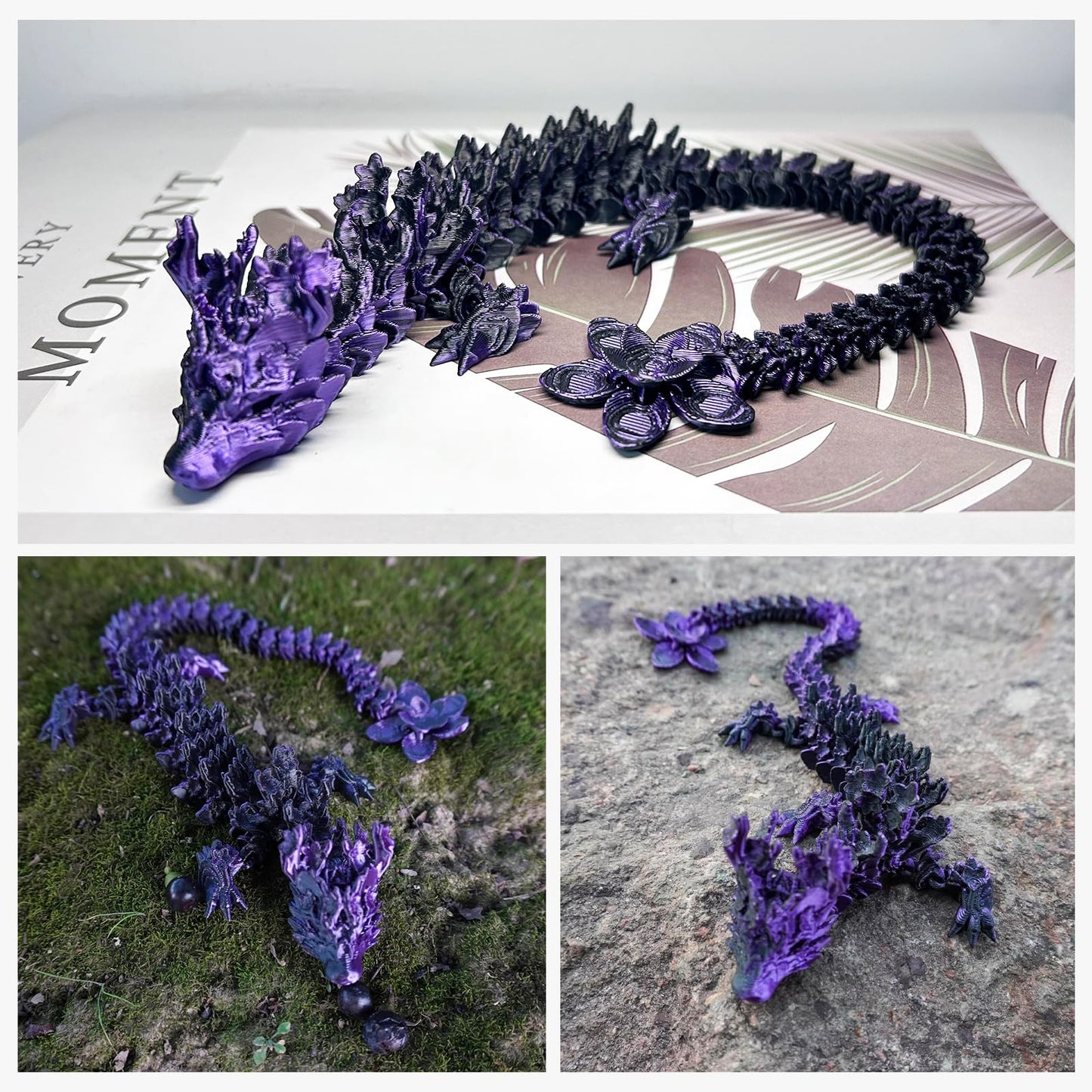 Outgoto 3D Printed Cherry Blossom Dragon - 11.8In Realistic Articulated Dragon Fidget Toy, Desk D  Cor And Collectible (Black Pu