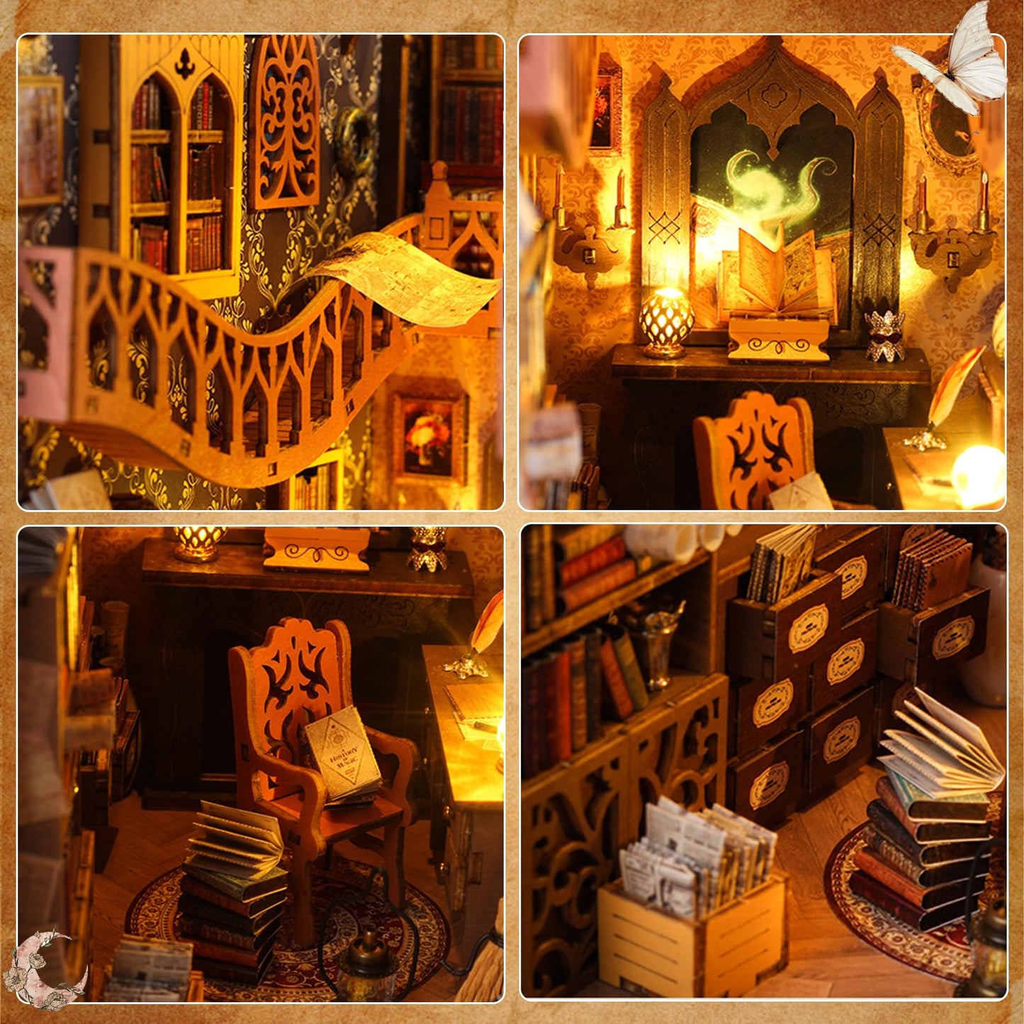 Diy Book Nook Kit, Dollhouse Wooden Mini House Kit, 3D Wooden Puzzle Book Nook Kit With Sensor Led Lights, Bookshelf Insert Deco