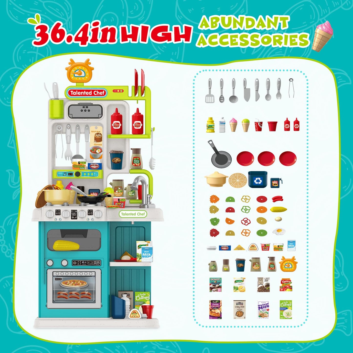 Kids Kitchen Playset,Play Kitchen for Kids Toddler with Sounds and Lights, Cooking Stove Steam,Play Sink,Play Food and Kitchen A