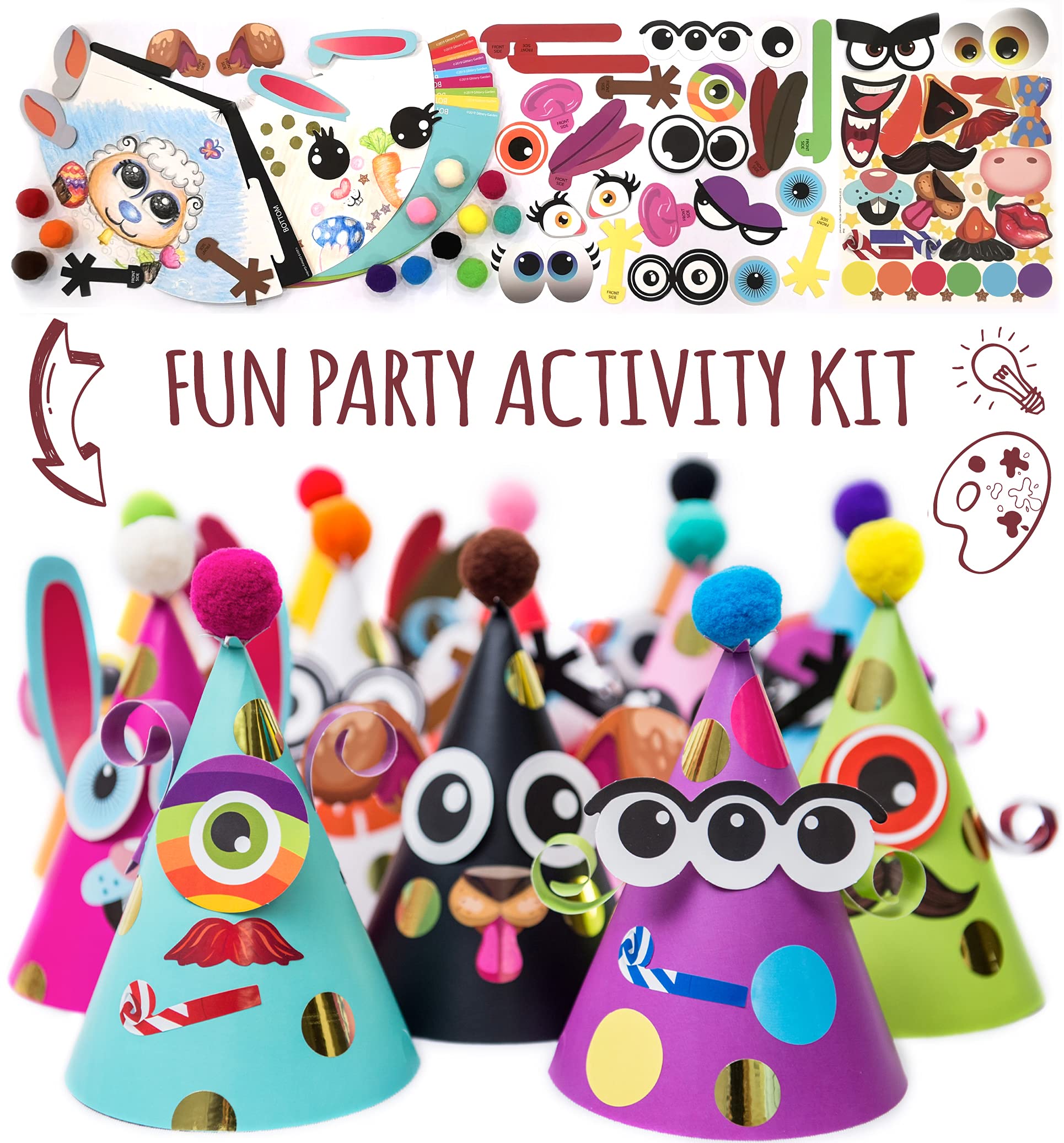 Glittery Garden Party Hats for Kids Art & Craft. Fun Birthday Activity Kit with Stickers. Animal Theme Party Favor, Game Supplie