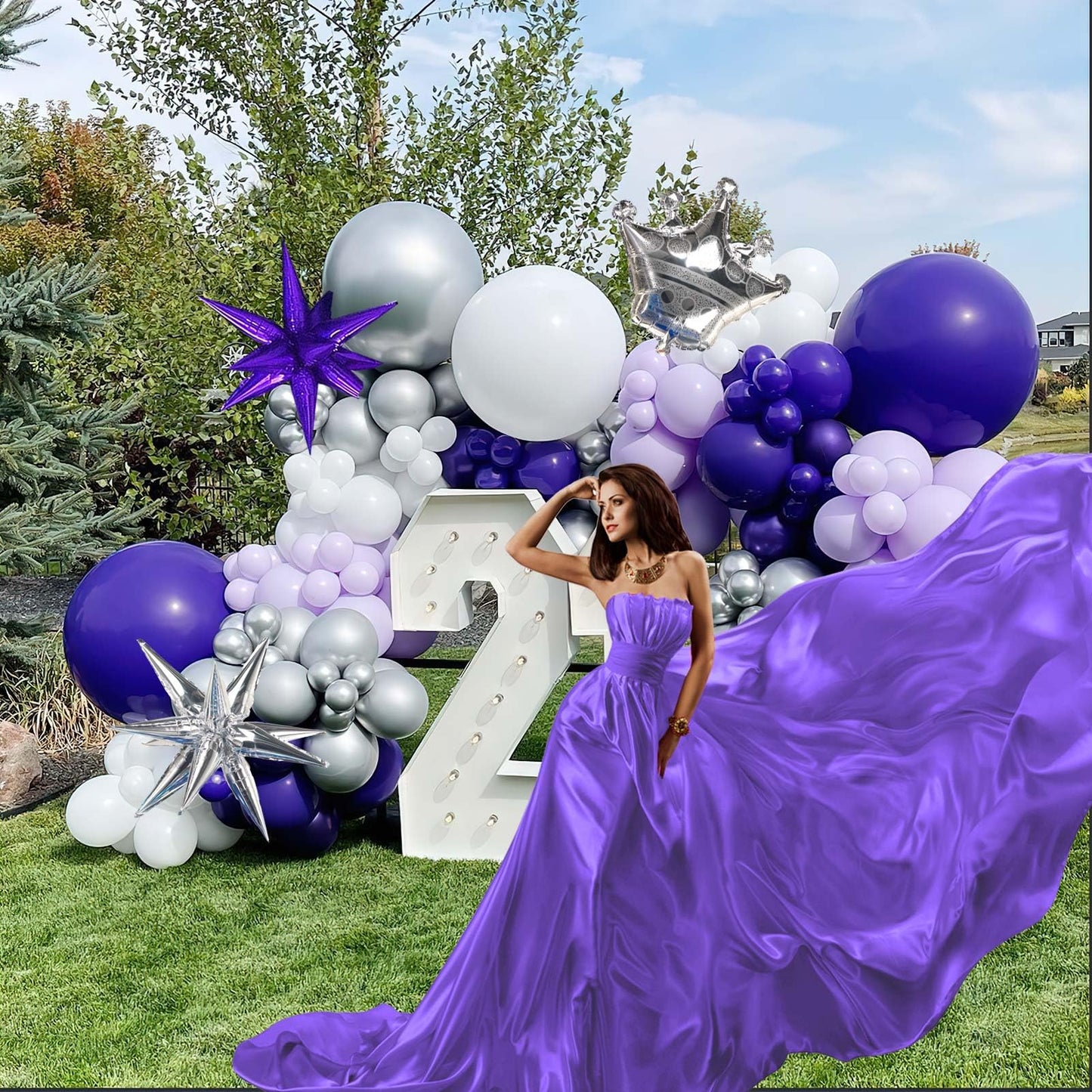 Kozee Dark Purple And Silver Balloon Garland Kit 126Ppcs With Light Lilac White Silver Starburst Crown Foil Balloons For Girl 15