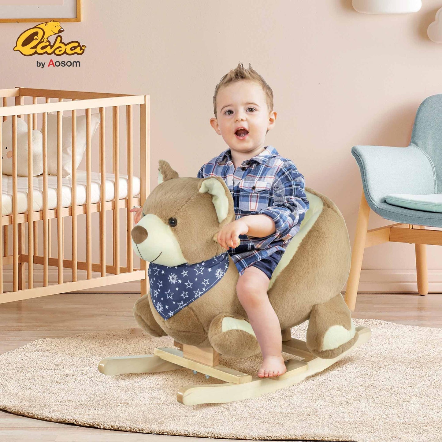 Qaba Baby Rocking Horse, Plush Animal Rocker with Lullaby, 23.5"x13.75"x19.75", Brown, Model 330-122, for Ages 18