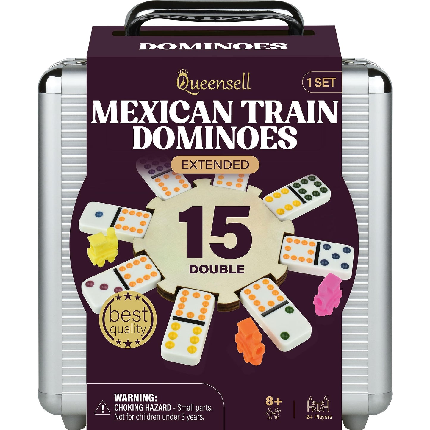 Queensell Mexican Train Dominoes Set Double 15, Dominoes Set For Adults And Family, Mexican Train Double 15 Dominoes Set Colored Dot - 136 Tiles, 9 Trains, Wooden Hub, Aluminum Case (Double 15)