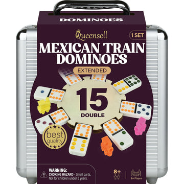 Queensell Mexican Train Dominoes Set Double 15, Dominoes Set For Adults And Family, Mexican Train Double 15 Dominoes Set Colored Dot - 136 Tiles, 9 Trains, Wooden Hub, Aluminum Case (Double 15)
