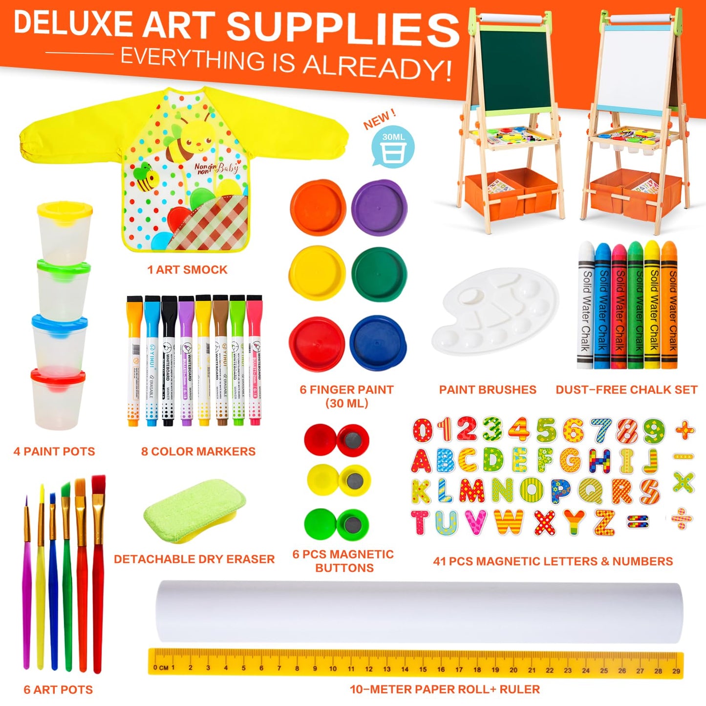 Kids Easel Including 100+ Accessories, Rundad Double Sided Wooden Easel for Kids Age 3-8 with Magnetic Chalkboard & Painting Boa