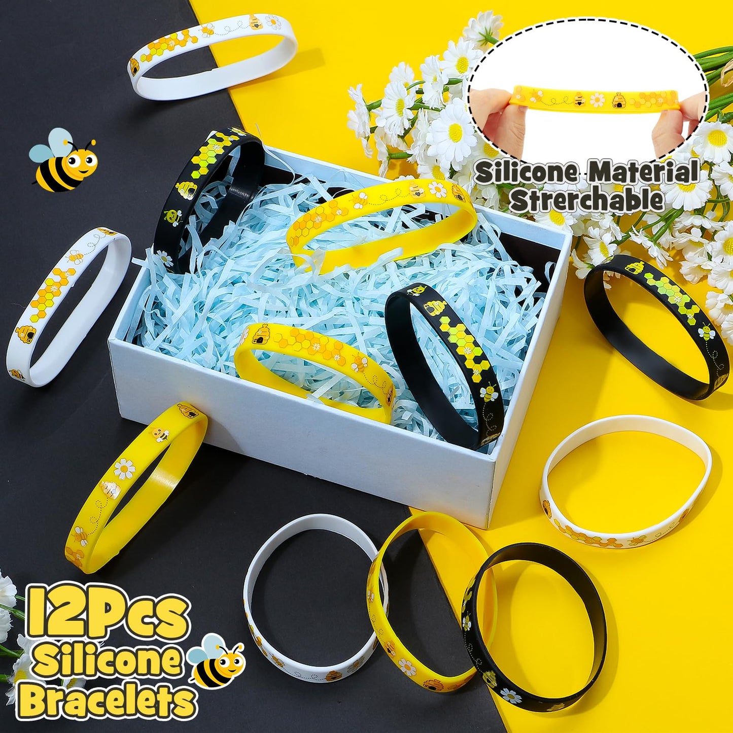 Winrayk 146Pcs Bee Party Favors Birthday Supplies Bee Gift Bag with Cards & Clips Pencil Mini Bubble Wand Honeycomb Silicone Bra